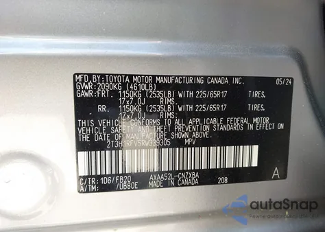 2024 Toyota Rav4 Le из США, поврежденный, VIN 2T3H1RFV5RW339305